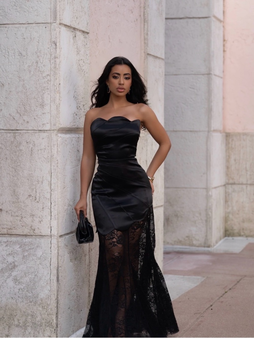 Couture Oath Satin Lace Maxi Dress
Black